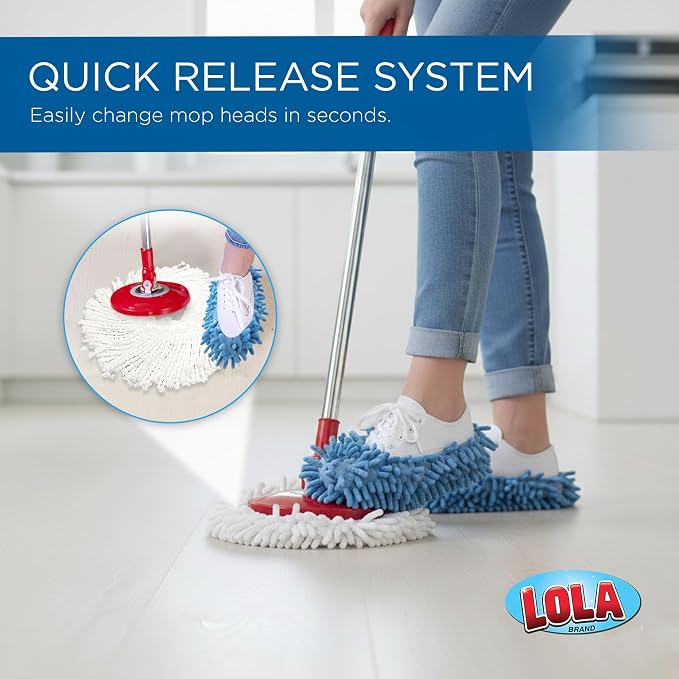 Revolution Deluxe Spin Mop & Bucket, w/ 3 Microfiber Washable Heads, 1 Pair Microfiber Mop Slippers, Fast Dry, Deep Clean Floors & Hands-Free Wringer, Easy Spin Dry, No Exhaustive Foot Pedal, LOLA