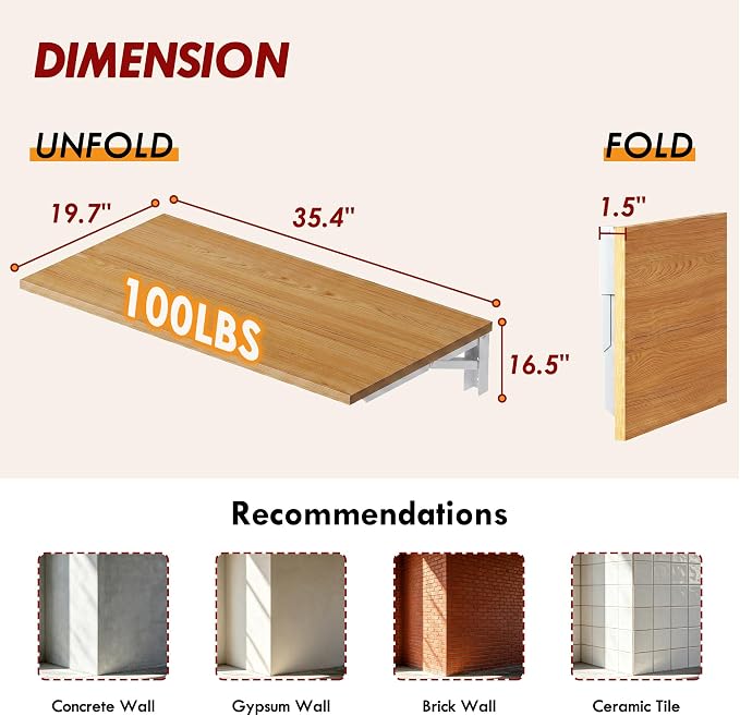 Need 36x20IN Wall Mounted Folding Table for Office Laundry Teak | White Frame Fold Down Wall Mount Desk Folding Wall Table for Small Apartment, Garage&Ironing Station