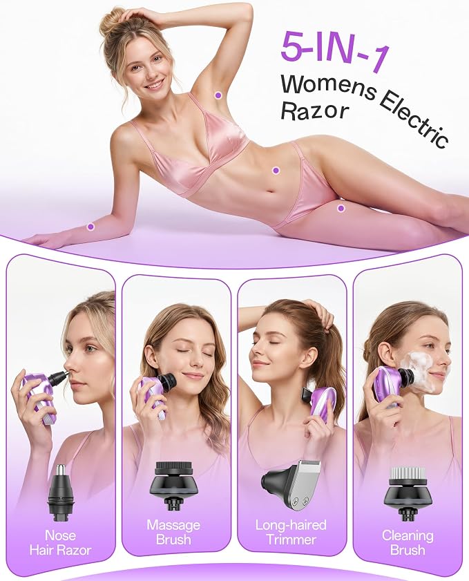 Electric Razors for Women, 5-in-1 Womens Electric Shavers for Legs, 7D Waterproof Wet Dry Travel Body Hair Remover Bikini Shavers for Lady Face Underarms Public