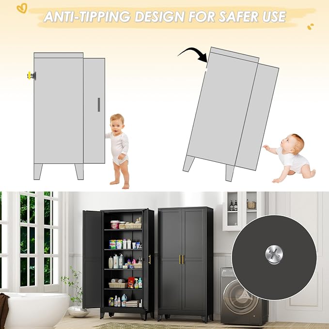 GAIOUS 71" Tall Metal Storage Cabinet with 2 Doors and 4 Adjustable Shelves, Kitchen Pantry Cabinet Black Freestanding Cupboard, 5 Tier Multifunctional Steel Storage for Office, Kitchen, Dining Room
