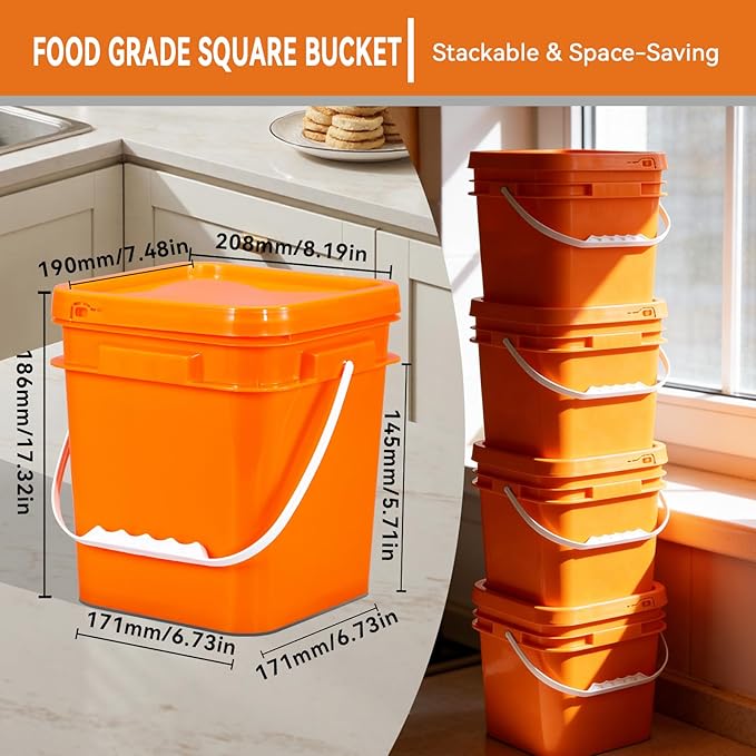 Food Storage Buckets with Lids - 4 Set Square Clear Plastic Containers, Airtight Pressure Seal & Handle for Kitchen Freezer Prep (Orange, 1.3 gal)