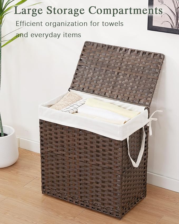 SETVSON Laundry Hamper with Lid Wicker Laundry Basket 112L PE, Brown | Large Family Clothes Sorter Trunk with Lid, 3 Compartment Washable Liners, 6 Mesh Bags, Collapsible Steel Frame
