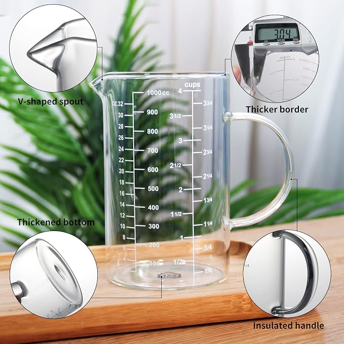 77L Glass Measuring Cup, [Insulated handle, V-Shaped Spout], High Borosilicate Glass Measuring Cup for Kitchen or Restaurant, Easy To Read, 1000 ML (1 Liter, 4 Cup)
