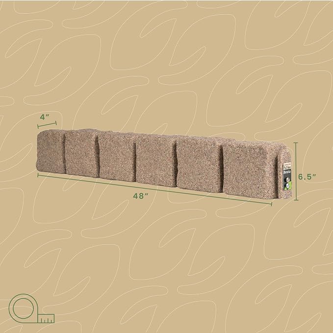 Landscape Edging | Garden Edging Border | Polyrock Blocks for Lawn Edging, Flower Beds & Yard Edging – 1 Pack | Each Section Has 6 Blocks 48" L x 4" W x 6.5" H | 2 Spikes | Sandstone