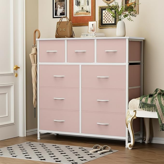 Sweetcrispy 9 Drawer Fabric Dresser Storage Tower with Wood Top and Steel Frame, Organizer Chest with Easy Pull Handles for Bedroom, Closet, Hallway,Pink