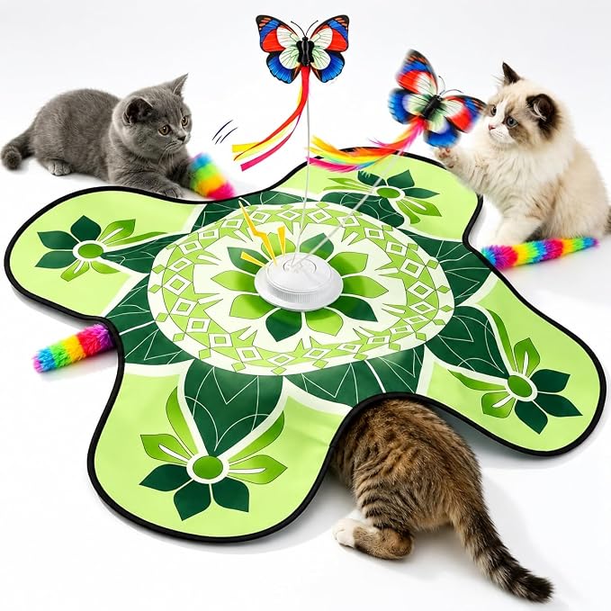 Wortade Interactive Cat Toys for Indoor Cats Rechargeable, Moving Concealed Wand Feather, Automatic Fluttering Butterfly Cat Stimulation Toys for Indoor Cats, Hide and Seek Kitten Toy (Green)