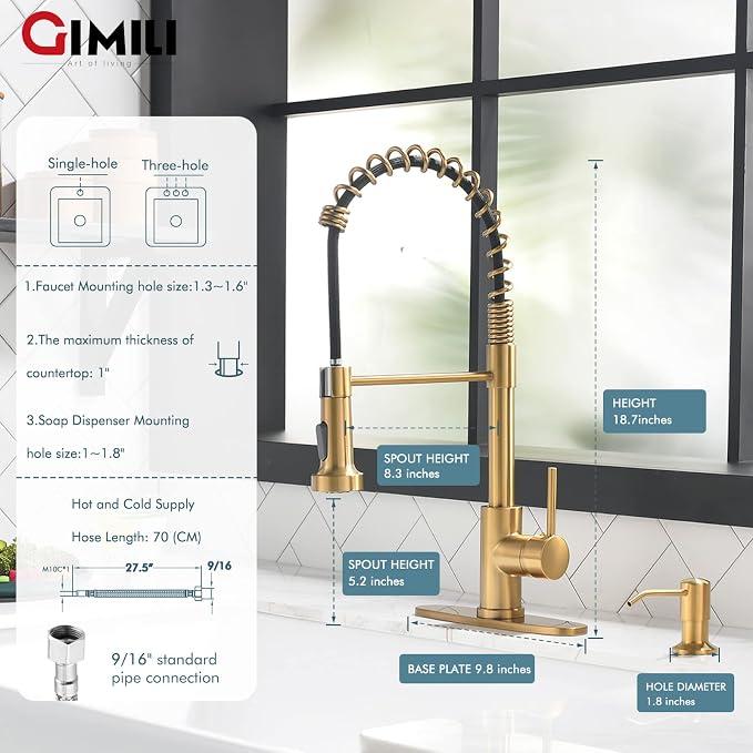 GIMILI Brushed Gold Kitchen Faucet with Soap Dispenser, Single Handle Spring Pull Out Kitchen Sink Faucets with Pull Down Sprayer