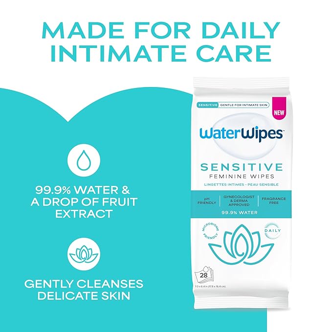 WaterWipes Sensitive Feminine Wipes, 99.9% Purified Water, pH Friendly for Daily Intimate Care, Gynecologist Approved, Fragrance Free, 28 Count