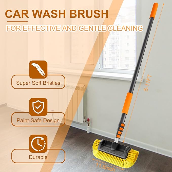 SISUPASSIE Car Wash Brush, 16FT Telescopic Car Wash Brush with Long Handle, 12-Inch Soft Bristle Car Cleaning Brush for Cleaning Car, RV, Truck, Boat, Solar Panels