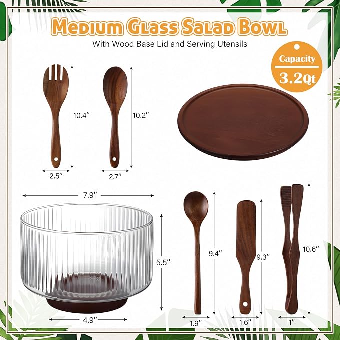 Large Glass Salad Bowl Set, Ribbed Salad Bowl with Wood Base and Lid As Cheese Charcuterie Board and Plate, Comes with 5 Pieces of Wood Serving Utensils for Kitchen Party(7.9" X 5.5")