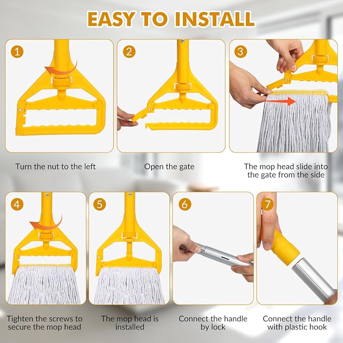 Commercial Mop Heavy Duty Industrial Mop- 3 Extra Large Cotton Looped Heads, 61" Aluminum Handle Mops for Concrete/Tile/Garage Floors-Home, Kitchen