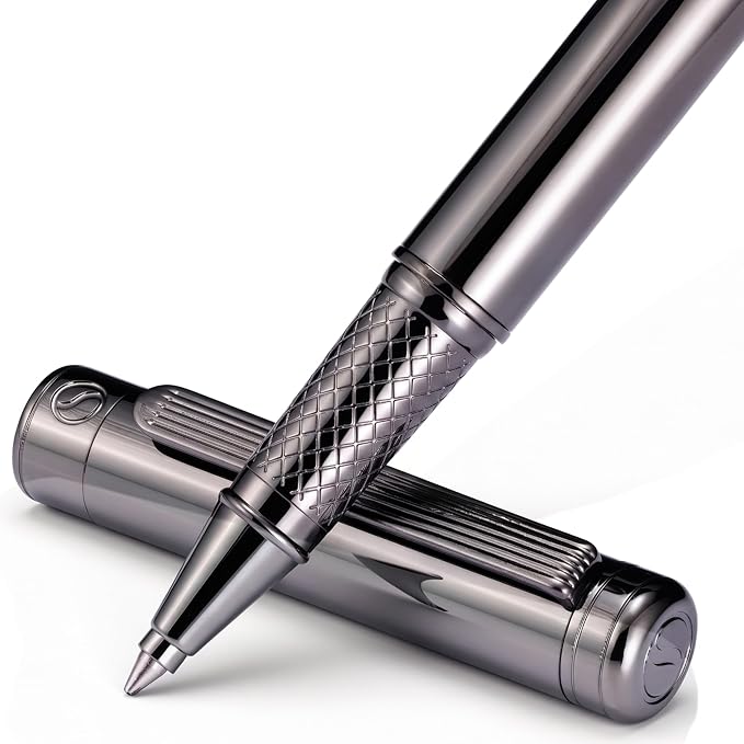 Scriveiner Gun-Metal Rollerball Pen - Stunning Luxury Pen, Schmidt Ink Refill, Best Roller Ball Gift Set for Men & Women, Professional, Executive Office, Nice Pens