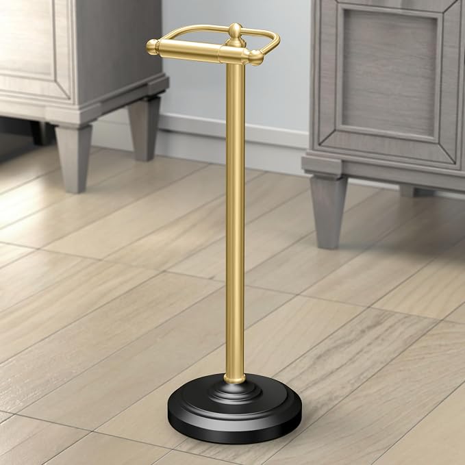 Gatco 1436MXB, Freestanding Toilet Paper Holder, 22” H, Matte Black Polished Brass/Floor Standing Weighted Base Toilet Paper Holder Stand