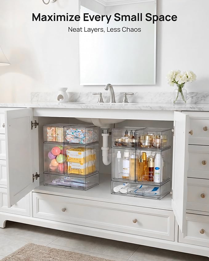 Vtopmart Stackable Storage Drawers Set of 7, Clear Plastic Organizer Bins for Baby Bottle, Beauty Supplies Storage, Ideal for Kichen Countertop, Vanity, Bathroom, Cabinet, Pantry Organization