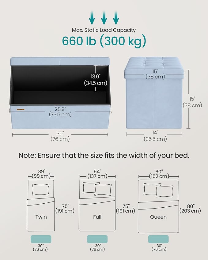 SONGMICS Velvet Storage Ottoman, Folding Storage Bench for Bedroom, Toy Chest, Ottoman Coffee Table, 15 x 29.9 x 15 Inch, Baby Blue, Entryway Shoe Bench, Island Collection ULSF048QQ02