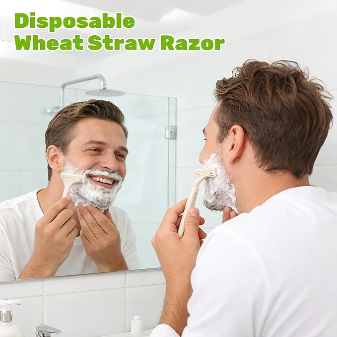 Eco-Friendly Wheat Straw Disposable Shave Kit - 100 Pcs Wheat Straw Razors and Shaving Cream(10g) Bulk, Individually Sealed for Hotel, Airbnb, Camping, Travel, Homeless, Shelters and Charities