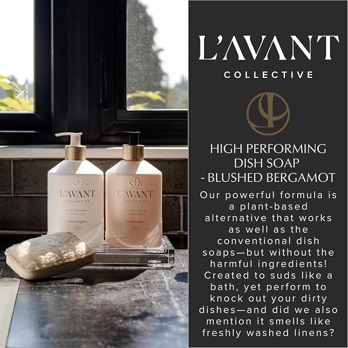 L'AVANT Collective Natural Luxury Dish Soap | Plant-Based, Non-Toxic & Grease-Cutting, Safe for Kids & Pets, Refillable Glass Bottle with Pump, 16 Fl Oz | Blushed Bergamot