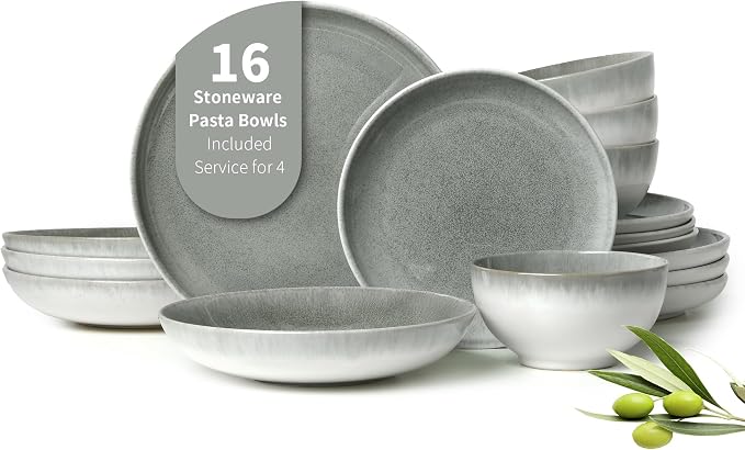 Pokini 16 Piece Double Bowl Dinnerware Sets, Stain Resistant Dish Set with Pasta Bowls, Easy Cleaning Dishes, Multi-Functional Plate and Bowl, Stack Compactly Plate Set, Service for 4