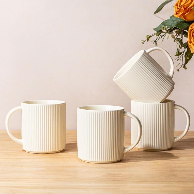 theterra Ceramic Coffee Mugs Set of 4, 14.2oz Handmade Coffee Cups with Handle for Latte, Tea, Milk, Beer, Hot Cocoa, Beige