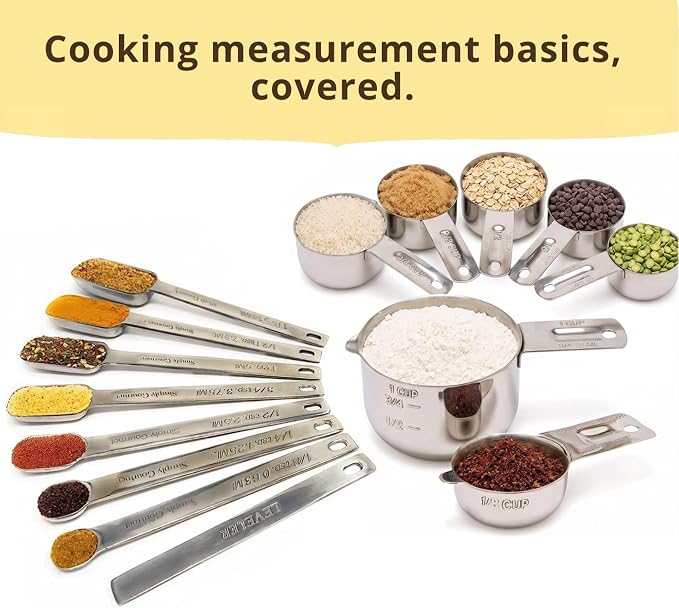 Measuring Cups and Spoons Set of 15, Stackable Cups, Long Handle with Leveler Fits Narrow Jars, 304 Premium Stainless Steel, Kitchen Gadgets for Liquid & Dry Ingredients Cooking Baking