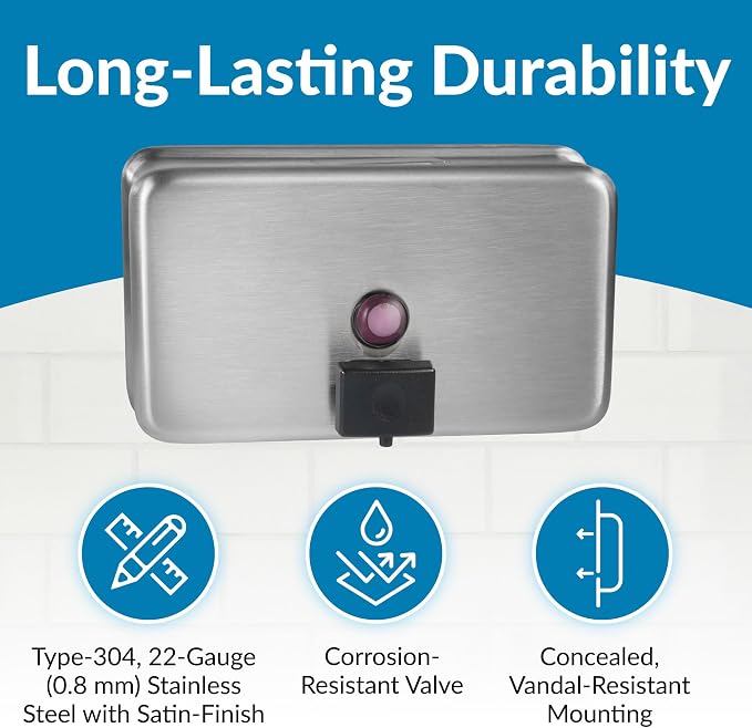 Bobrick Surface-Mounted Soap Dispenser - Satin-Finish Stainless Steel, 40-fl oz Capacity, Manual Liquid Soap Dispenser with Low Soap Indicator, Top Fill, Vandal-Resistant, Wall-Mounted Design (B-2112)