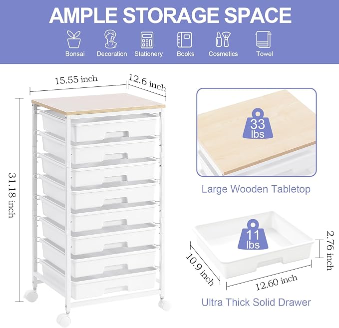 SYKIARIOL Rolling Storage Cart with Drawers,Utility Cart With 8 Drawers and Wooden Tabletop,Rolling Drawer Cart,Storage Drawer Cart for Living Room,Classroom,Bedroom,Bathroom,Dorm,Office,White