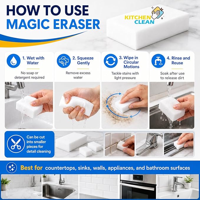 ™ Melamine Magic Eraser | Walls Stain Remover Sponge | Kitchen Latest Cleaning | Home Kitchen Bathroom Tiles, Lime Scale on Taps Wall Stains Cleaning (Pack of 8 Pcs)