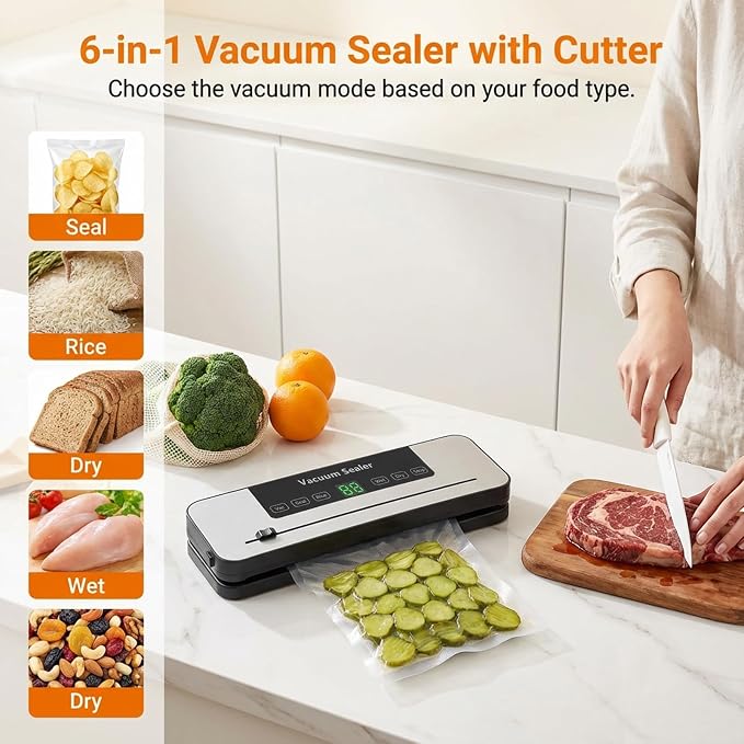 Food Sealer Vacuum Sealer Machine with 30 Bags, Built-In Cutter, 6-in-1 | Automatic, Compact Wet & Dry Food Saver Vacuum Sealers for Meat, Seal a Meal, Freezer Food Storage