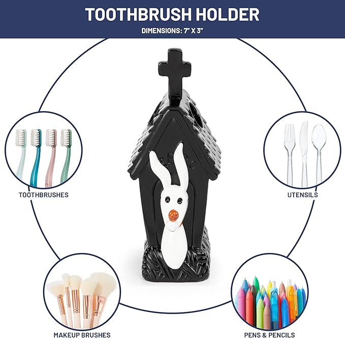 Jay Franco Disney Nightmare Before Christmas Organizer Set - 4 Piece Black and White Accessories Includes Resin Soap Dispenser, Sponge Holder, Toothbrush Holder and Tumbler - Bathroom Décor
