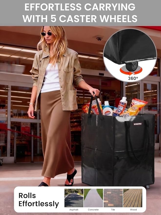 WORKPRO Medium Rolling Grocery Bag, 18-Gallon Shopping Tote with 4 Wheels | Reusable Grocery Bag on Wheels, Holds Up to 75 lbs, Heavy Duty Rolling Tote for Groceries, Laundry, Moving & Storage