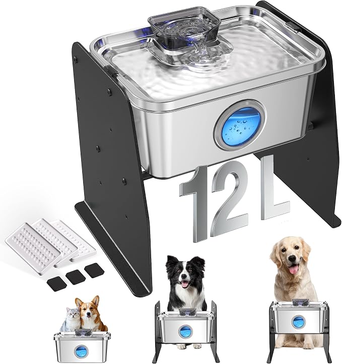 12L/3.2Gal Dog Water Fountain Elevated, Stainless Steel Pet Water Fountin with Adjustable Metal Stand, Raised Automatic Dog Water Bowl Dispenser for Large Dogs, Quiet Dog Fountain with Water Window