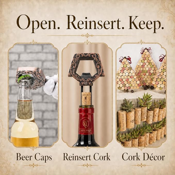 Wine Couple 3 in 1 Wine Bottle Opener, Ah So Two Prong Corkscrew (Bronze) | For old fragile corks, beer caps and vintage bottles. Black gift box for wine lovers, collectors and gifting