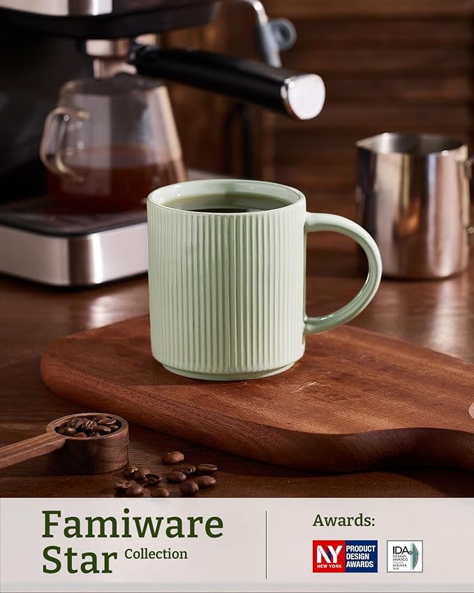 famiware Coffee Mug Set for 4, Star 16 oz Catering Mugs Cup Set with Handle for Coffee, Tea, Cocoa, Milk - Ceramic Stoneware Drinkware Set, Matte Green