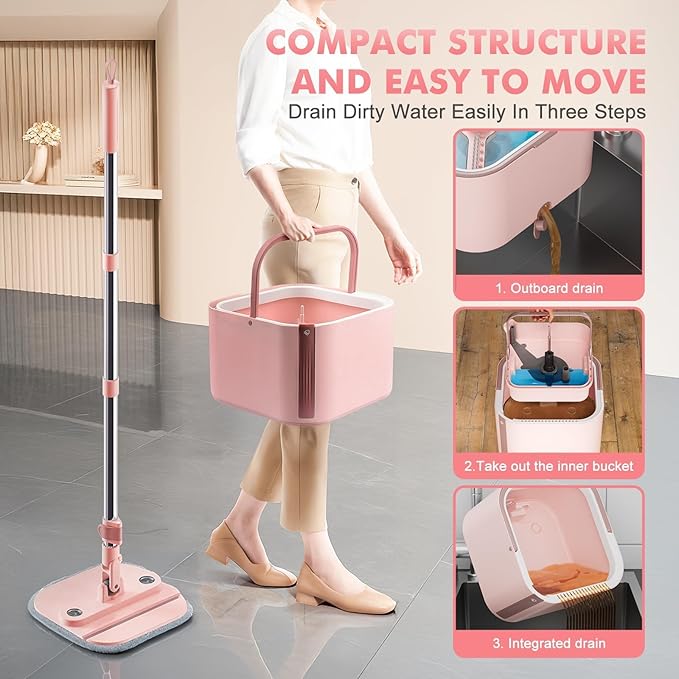 Square Spin Mop and Bucket Set with Self Separation Dirty and Clean Water System,Self Wringing 360° Rotating Mops Head for Home Floors Cleaning