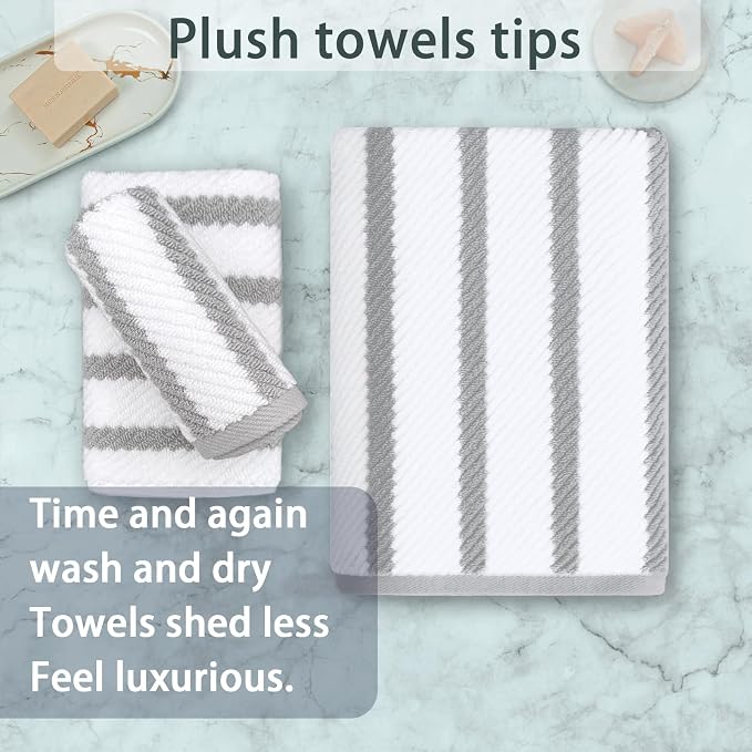 VOOVA & MOVAS 3PC Towel Set, 100% Cotton, Gray White Dark Tan | 1 Large Bath 30x56 In,1 Hand 18x28 In,1 Wash Cloth 13x13 In, Quick Dry, Soft, Thick, Dorm Room Essentials