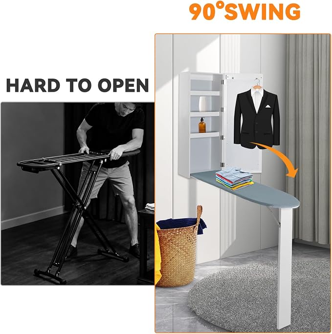Wall Ironing Board Cabinet Built-in 35" L Ironing Board Fold Down Ironing Board Cabinet with Storage Cabinet, Mirrors, Support Table for Home Apartment, White 14" L x 6.9" W x 37.4" H