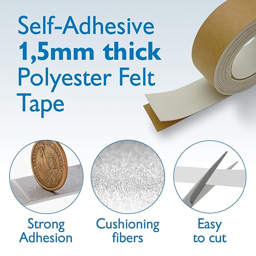 FindTape Polyester 1.5mm Felt Tape – 2 in. x 10 ft. Felt Strips with Adhesive Backing and Furniture Strips, Great for Arts and Crafts, Classrooms, and Protecting Furniture (White)