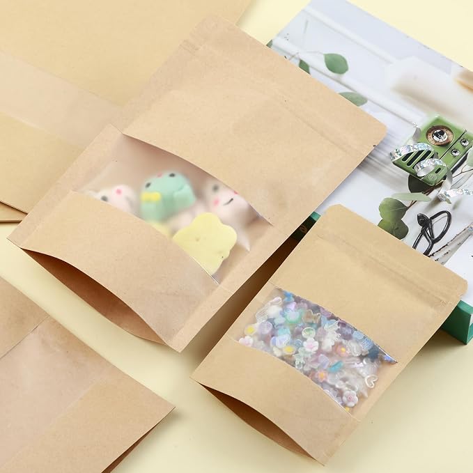 300 Kraft Mylar Bags for Food Storage 5X8 Mylar Bags with Window Candy Packaging Resealable Bags Reclosable Small Stand Up Pouches Edible Packaging, Kraft Paper Bags for Small Business