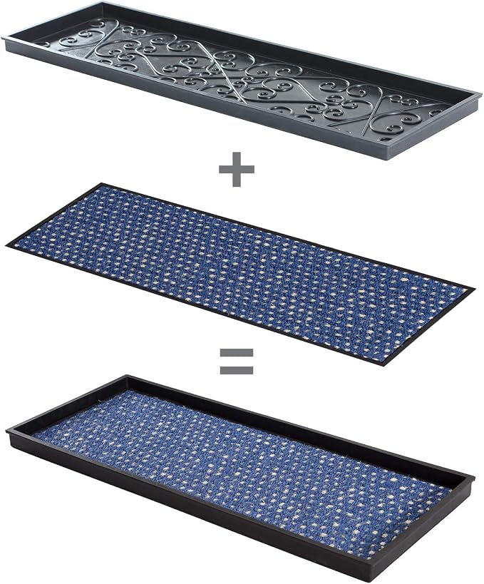 Anji Mountain Heavy Duty Waterproof Rubber Shoe Storage Mat Organizer/Boot Storage Tray Multi Use For Entryway with Coir, Blue and Ivory Insert, Fits 2 Pair (24.5" Wide)
