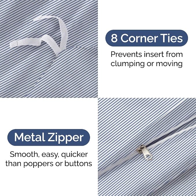 Duvet Cover Cal King Size Set - Extra Soft Cal King Duvet Cover 104" x 98" with 2 Pillow Shams for Women, Men, Kids & Teens - Comfy, Breathable, Hotel Luxury w/ Zipper Closures & Ties (Blue Stripes)