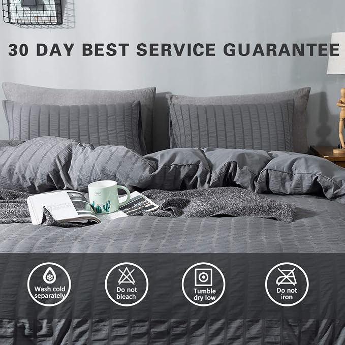 AveLom Gray Duvet Cover Queen Size, Textured Seersucker Duvet Cover Set, Soft Washed Microfiber with Zipper Closure and Corner Ties, 3 Pieces, 90" x 90" Duvet Cover & 2 Pillowcases