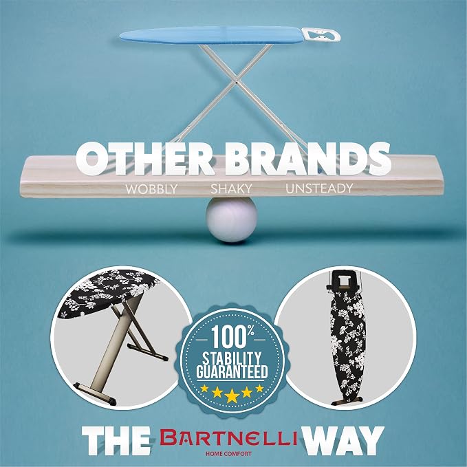 Bartnelli Pro Luxury Ironing Board - Extra Wide 51x19” with Heavy Duty Steam Iron Rest, and Wheels for Easy Storage, Adjustable Height, T-Leg, Foldable, European Made
