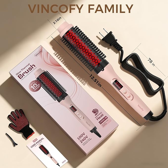 Infrared Thermal Brush, Dual Voltage Negative Ions Heated Round Brush, 1 1/2 Inch Straightener & Curling Iron Brush 2 in 5, Dual PTC Non-Blowing Thermal Round for Wome, Fairy Pink
