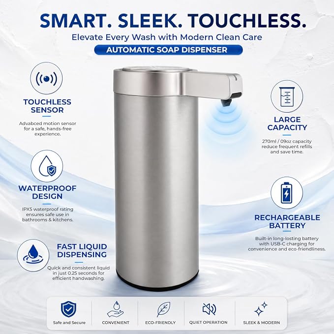 Automatic Soap Dispenser Touchless Liquid Soap Dispenser 9.1 oz/270ml 3-Level Adjustable Stainless Steel 0.2s Fast Sensor USB Type-C Rechargeable Bathroom Kitchen Hotel Hand Soap Dispenser