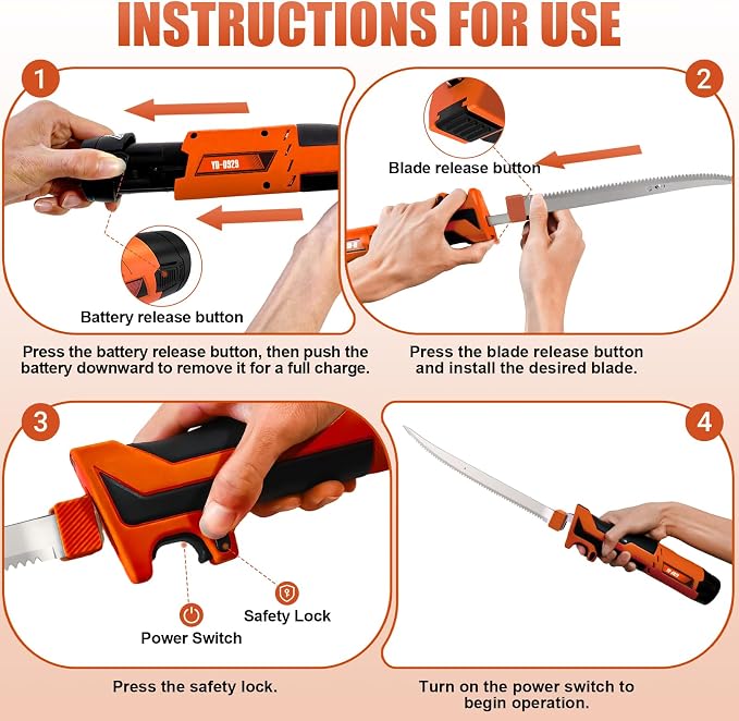 12V Cordless Electric Fillet Knife, 8" Flexible & 10" Rigid Blades, 2x 1500mAh Batteries, 1.5H Fast Charger, Safety Lock, Non-Slip Handle, Carry Case for Outdoor Fishing Filleting,Orange