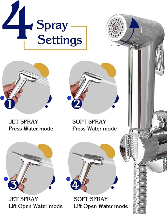 Handheld Bidet Sprayer for Toilet, Muslim Shower Bidet Attachment for Toilet, Cloth Diaper Toilet Sprayer, Jet Spray for Toilet with Bidet Hose for Feminine Wash (Chrome)