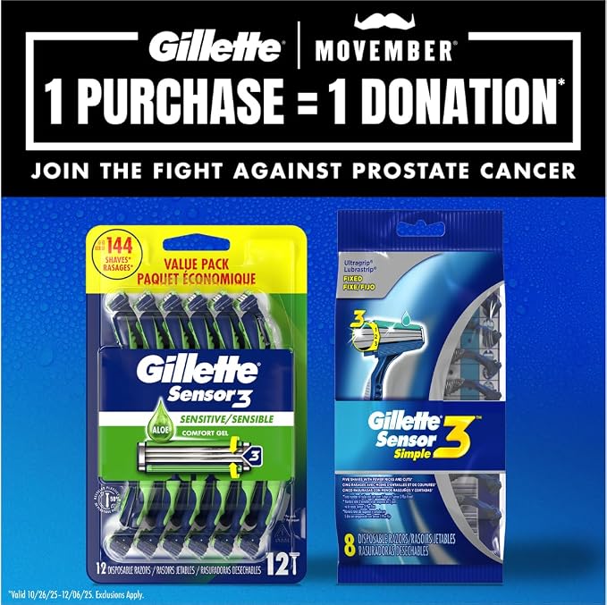 Gillette Sensor3 Sensitive Men's Disposable Razor, 4 Razors (Pack of 12)