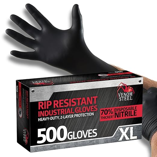 Venom Steel Nitrile Gloves, Rip Resistant Disposable Latex Free Black Gloves, 2 Layer Gloves, 6 mil Thick, X-Large (Pack of 500)