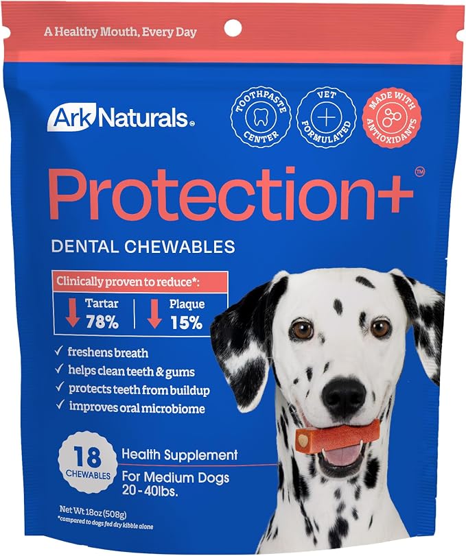 Ark Naturals Protection+ Brushless Toothpaste Chews - Medium Breeds (18 ct) | Vet Formulated Dog Dental Chew with Toothpaste Center - Freshens Breath and Prevents Plaque & Tartar