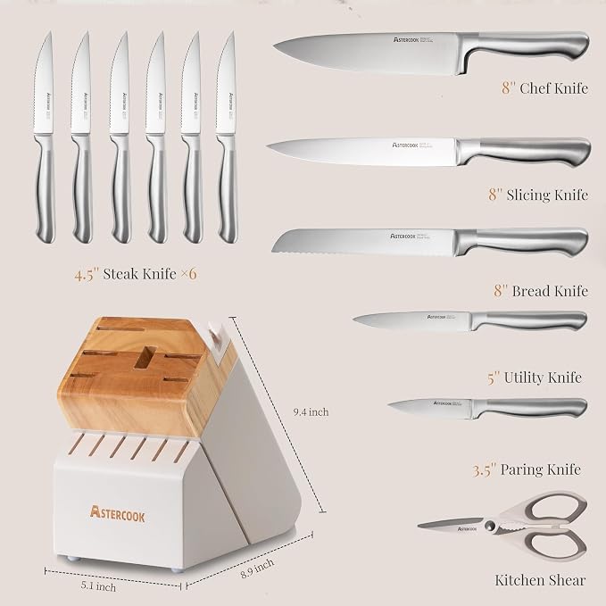 Astercook Knife Set for Kitchen with Block Sharpener 14Pcs Dishwasher Safe | Full Tang Stainless Steel Knives and Anti-Slip Ergonomic Handle Utensils Set